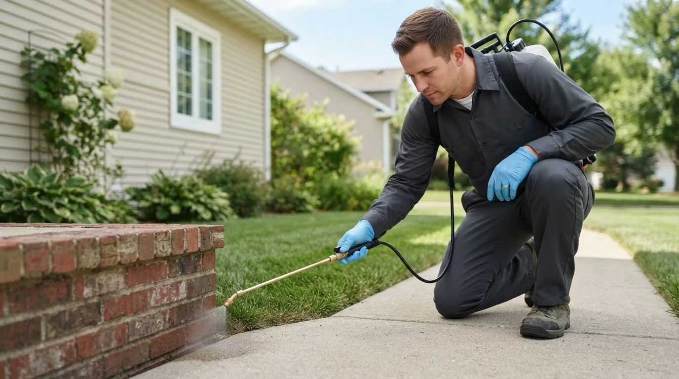 Pest control technician treating a home near Stuart, IA