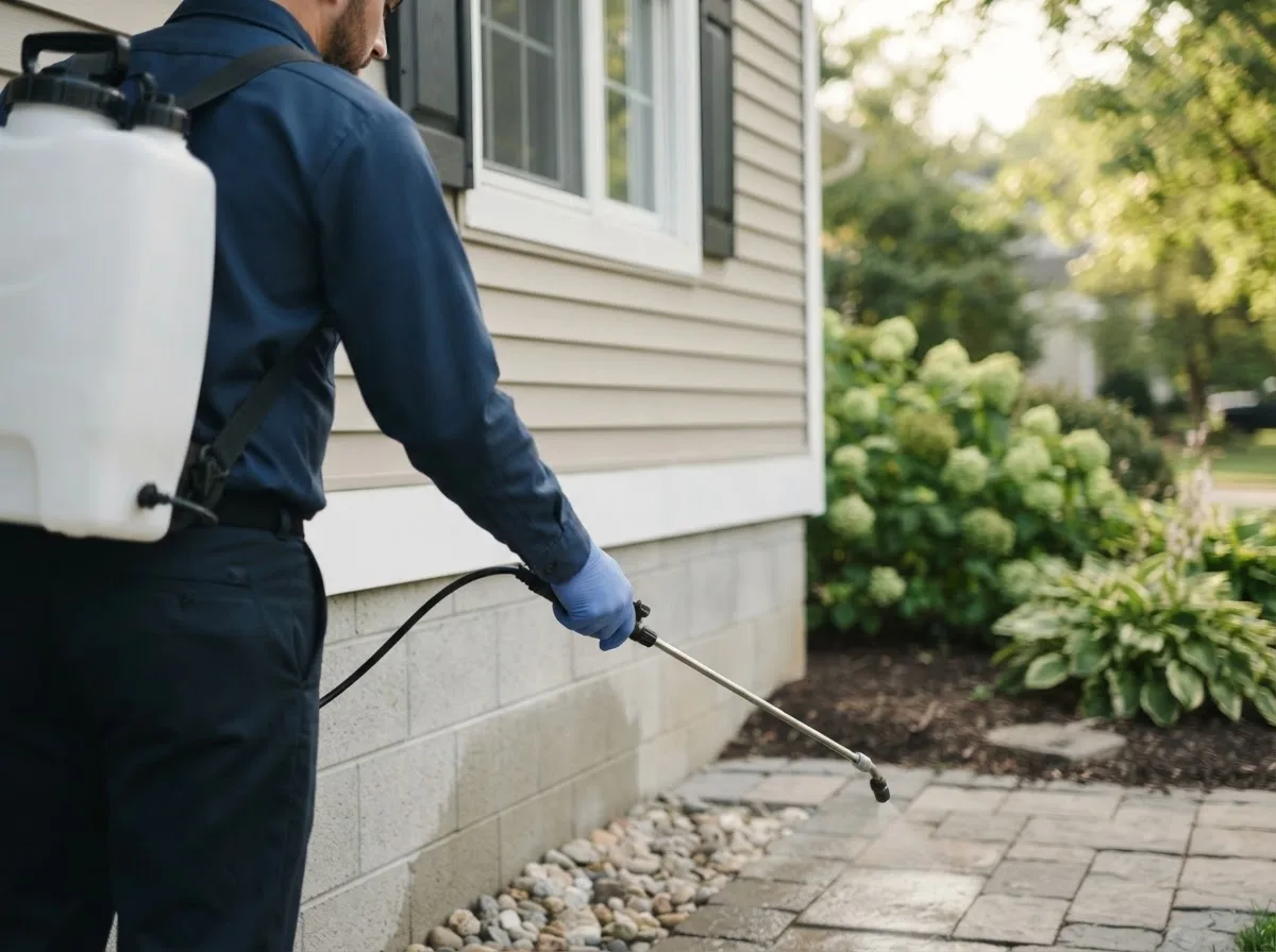 Pest control technician inspecting a home in Stuart, IA